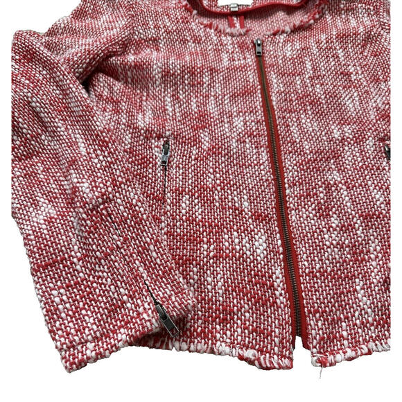 Joie Collis Tweed Twill Fringe Blazer Jacket Womens M Fitted Full Zip Red Cotton - Picture 4 of 9